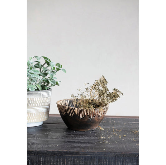 Decorative Terracotta Bowl with Rattan Stitching
