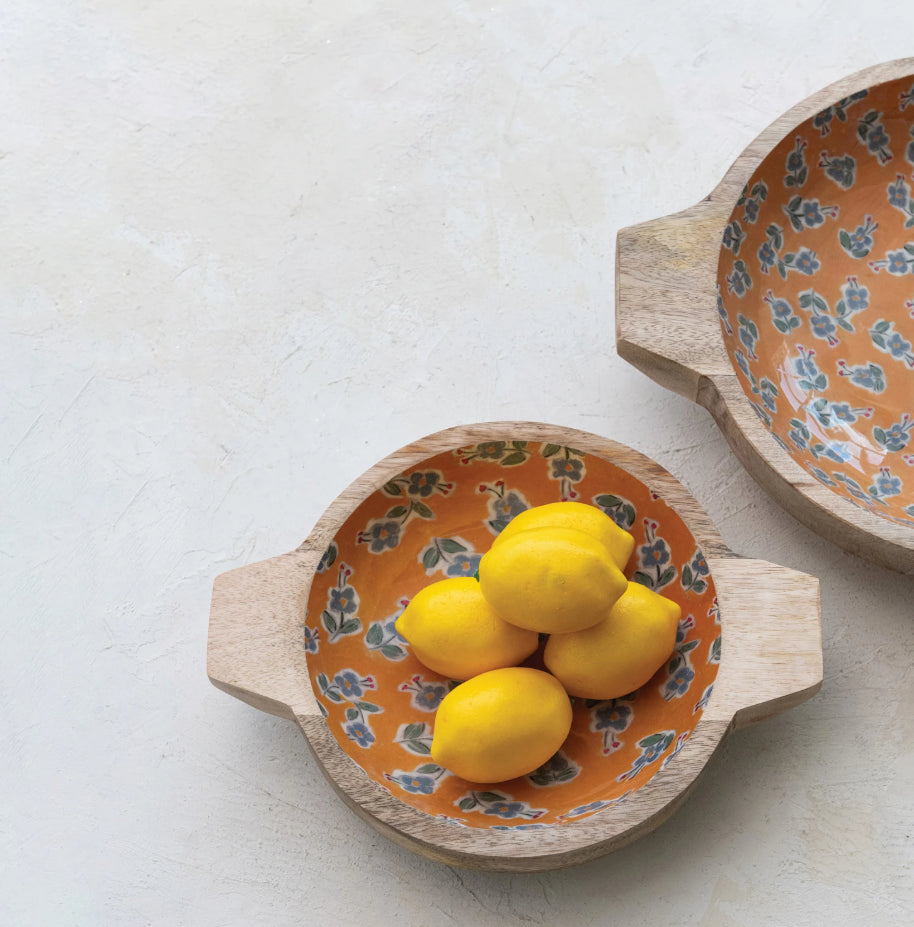 Floral Enameled Mango Wood Bowls, Set of 2