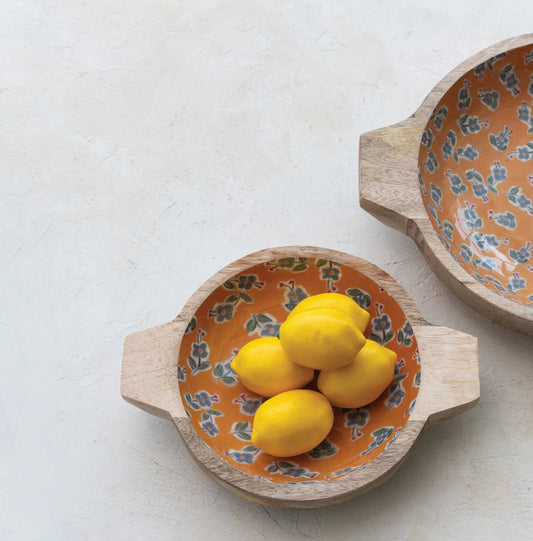 Floral Enameled Mango Wood Bowls, Set of 2