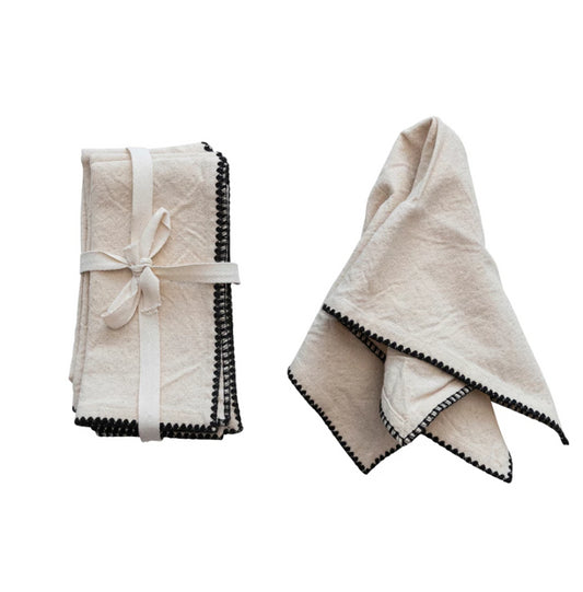 Natural Cotton Napkins with Black Edge Stitch – Set of 4