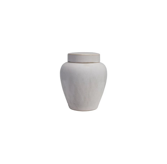 White Debossed Stoneware Jar with Lid