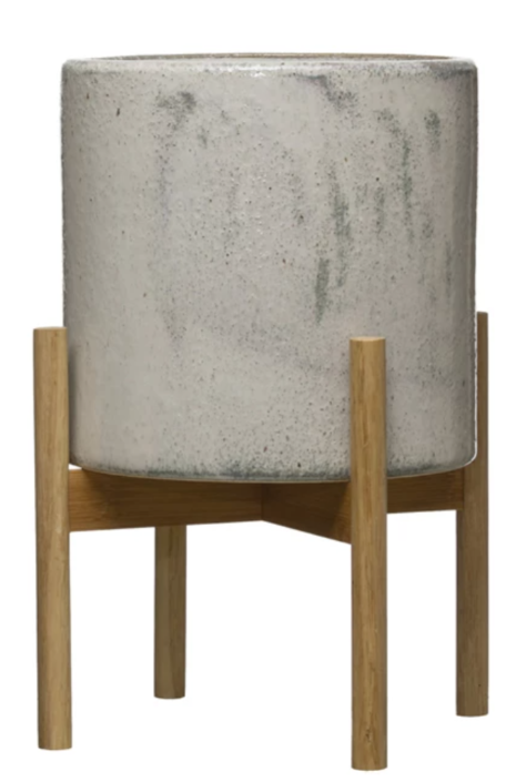 Stoneware Planter with Wood Stand