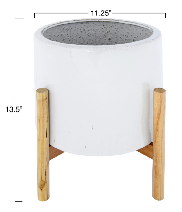 Stoneware Planter with Wood Stand