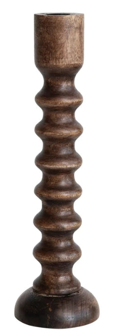 21" Hand-Carved Mango Wood Taper Holder, Walnut Finish