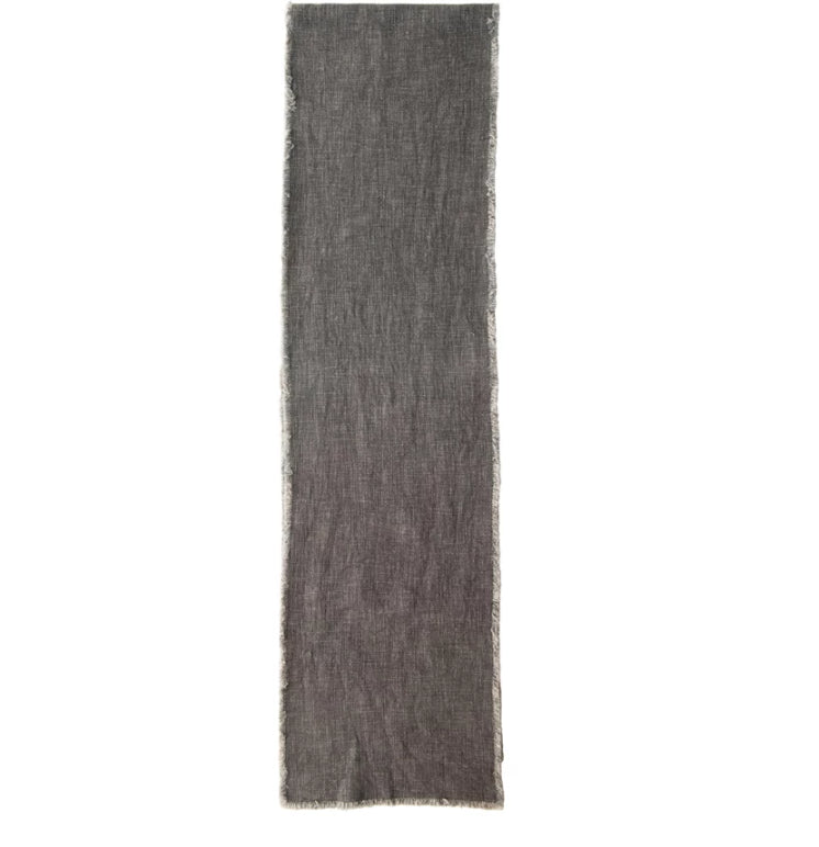 Linen Charcoal Table Runner with Frayed Edges