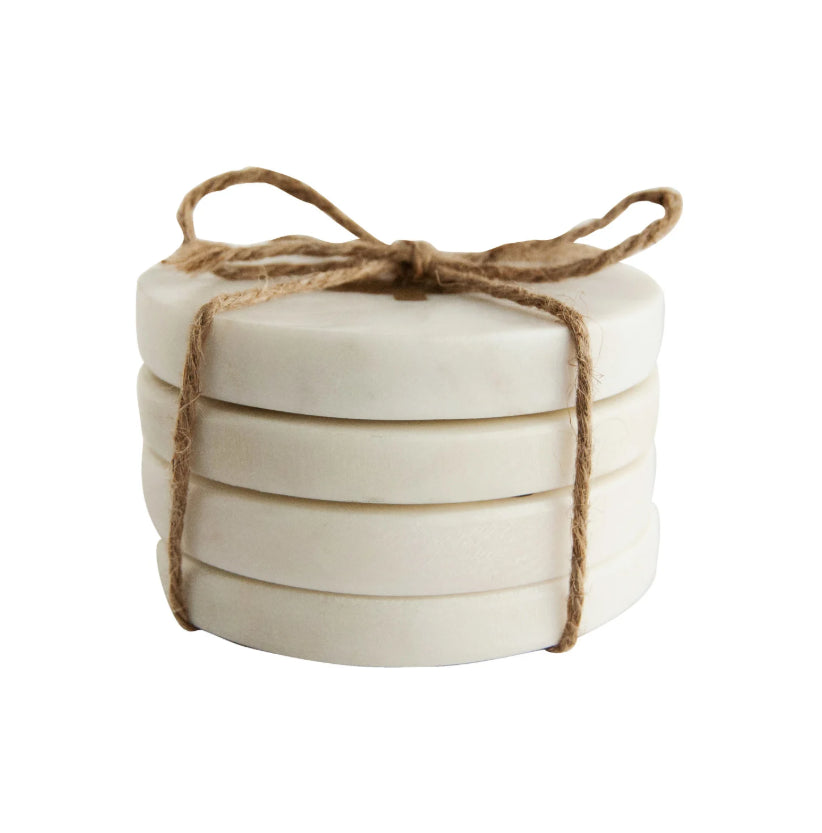 Marble Coasters w/ Brass Tree Inlay, White, Set of 4