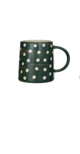 Hand Painted Stoneware Mug with Dots, Dark Green
